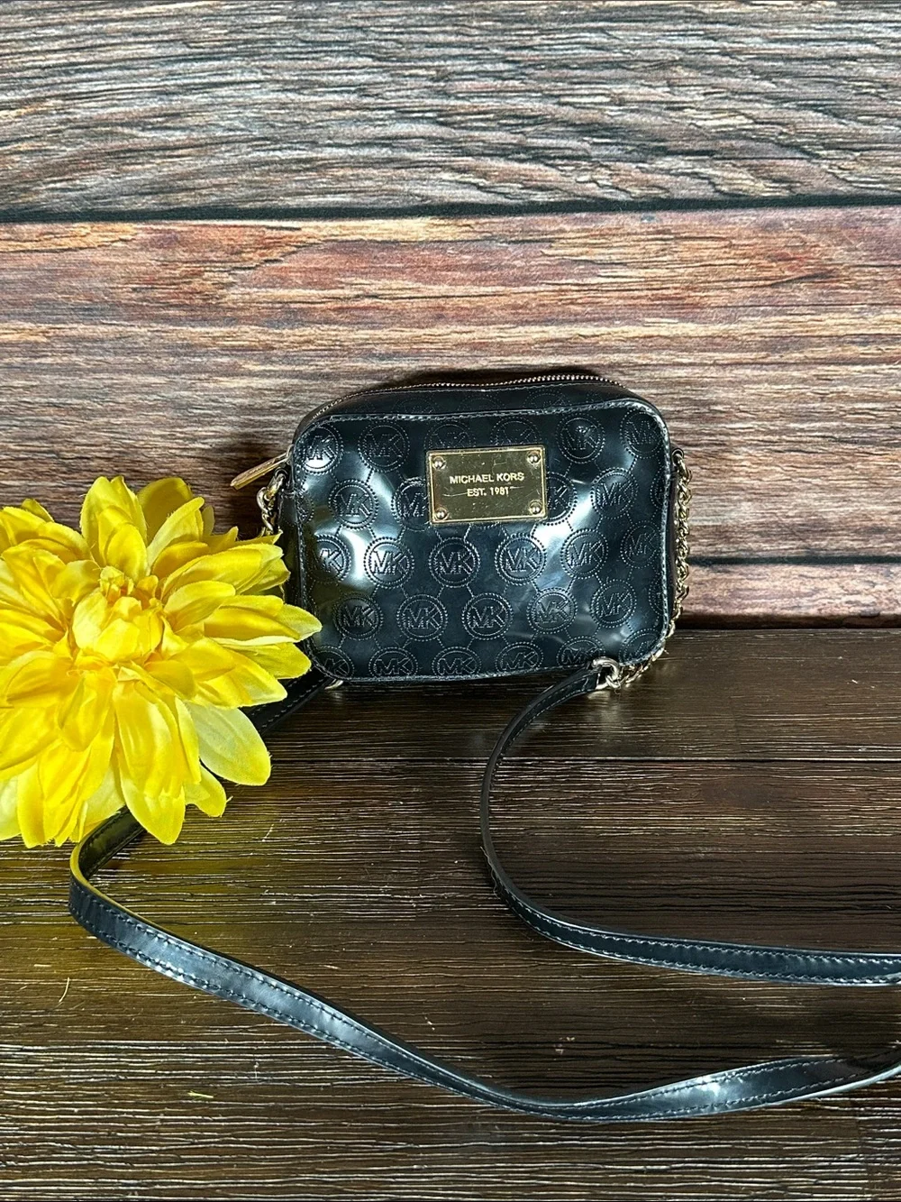 Michael Kors Black Leather MK Embossed Mini Crossbody with Gold Plate